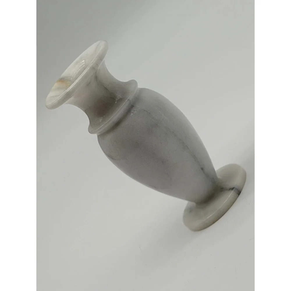 Vintage Grey White Veined Marble Bud Vase Polished Stone Urn 6.75 Inch